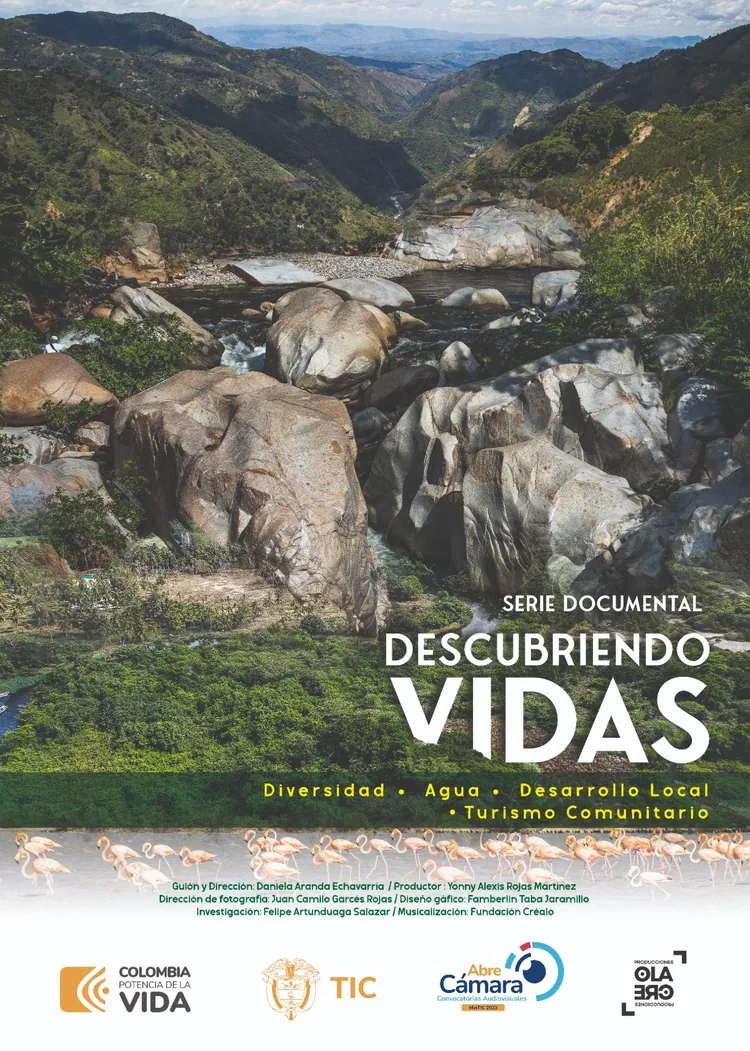 Afiche oficial de la serie documental Descubriendo Vidas: paisaje de río, montañas y créditos de producción